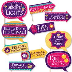 a bunch of purple and yellow signs with different sayings on each one piece,