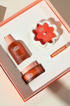 the body shop gift set includes an orange and white box with red flowers on it