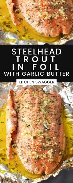 two pictures of cooked salmon in foil with garlic butter