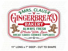 the gingerbread bakery sign is shown in red and white