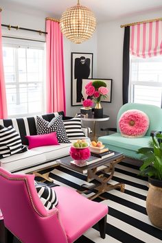 a living room with black and white striped walls, pink curtains, and colorful furniture