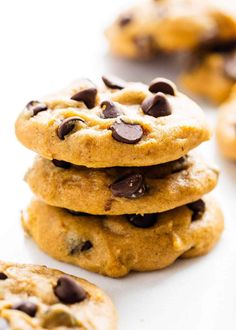 chocolate chip cookies stacked on top of each other