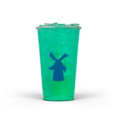 a green plastic cup with a blue windmill on it