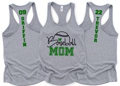 three baseball mom shirts with green lettering on the front and back, one in grey