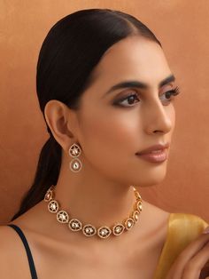 Buy Gold Toned Handcrafted Brass Polki Necklace with Earrings- Set of 2 | WPPJSET452/SWAH16NOV