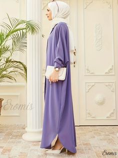 Eromis - Womens Plus Size Ethnic Abaya Dress: Elegant Maxi Jalabiya Dress with Solid Batwing Sleeves and Round Neckline Purple Maxi Length Kaftan For Eid, Purple Floor-length Abaya, Elegant Long Purple Abaya, Purple Floor-length Maxi Dress For Eid, Elegant Long Purple Kaftan, Elegant Purple Maxi-length Abaya, Elegant Purple Long Sleeve Kaftan, Purple Long Sleeve Wedding Abaya, Elegant Purple Tunic Dress