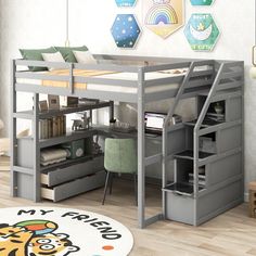 a loft bed with desk underneath it in a child's bedroom or playroom