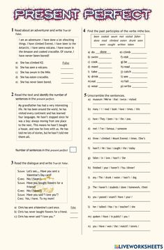 the present perfect worksheet for students to use in their writing and reading skills