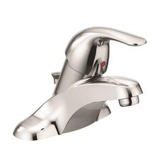 This Moen WS84503 centerset lavatory faucet belongs to the Adler Series. It comes with a universal chrome (plated) finish that matches a wide variety of bathroom accessories. It features a pivoting lever handle for easy operation. This metal bathroom faucet includes a strong stainless steel Duralast cartridge (1255) designed for durability. Complying with California's regulations for water efficiency, this product conserves water and energy. It has a low flow rate of 1.2 gallons per minute, making it WaterSense-certified. This product is available with an optional knob handle assembly. It is covered by a lifetime limited warranty against leaks, finish defects, and drips (if you are the original consumer-purchaser)and is backed by Moen, a trusted name in the industry. Moen Bathroom Faucets, Moen Faucets, Bathroom Faucets Chrome, Single Handle Bathroom Faucet, Chrome Bathroom, Lavatory Faucet, Faucet Handles, Bathroom Faucet, Bathroom Sink Faucets