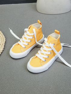 Yellow Classic,Street,Stylish,Simple Collar   Plain  Embellished   Kids Shoes Sneakers Trendy, Baby Canvas, Shoes For Kids, Mid Top Sneakers, Shoes Classic, Skateboard Shoes, Baby Sneakers, Casual Lace, Spring Shoes