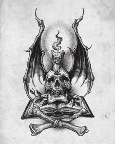 a drawing of a skull with wings and bones