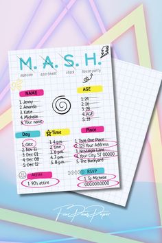 two sheets of paper with the words mash written in different colors and sizes on them