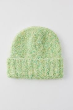 Cozy szn staple beanie hat in an ultra-soft brushed finish. Features Brushed cable knit beanie Fuzzy beanie hat Cozy cable knit Wide ribbed knit cuff Content + Care Polyester, acrylic Spot clean Imported | Brushed Cable Knit Beanie in Mint, Women's at Urban Outfitters Cozy Green Beanie Hat, Green Soft Knit Hat For Cold Weather, Winter Soft Knit Green Hat, Green Soft Knit Winter Hat, Winter Green Soft Knit Hat, Green Cozy Beanie One Size Fits Most, Fuzzy Beanie, Womens Beanie, Cable Knit Beanie