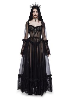 Widow Gothic Lace Bustier Long Sleeve Maxi Gown - Black – Dolls Kill Gothic Gowns, Velvet Lingerie, Occult Fashion, Gothic Lace, Goth Wedding, Gown Black, Black Dolls, Goth Dress, Maxi Gown