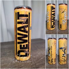 four different views of an old can with the words dew on it and rusted paint