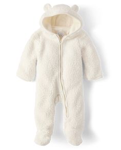 FABRICATION: 100% polyester sherpa body, 100% polyester microfleece lining, imported DESIGN: Attached hood with 3D bear ears, long sleeves, attached footies for sizes up to 6-9M, leg openings for sizes 9-12M+ FEATURES: Lining brushed for softness & anti-pilling, zip-front Part of our babyPLACE collection. Unisex Baby Long Sleeve Bear Sherpa Bunting | The Children's Place Unisex Baby Bear Sherpa Bunting | Size 3-6 M | White | 100% Polyester Microfleece Baby Outerwear, Girls Outerwear, Bear Ears, Unisex Baby Clothes, Big Fashion, Snow Suit, Baby Bear, Baby Long Sleeve