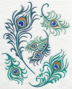 two peacock feathers on white paper with blue and green accents, one is in the shape of a letter e