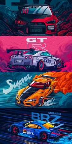 three different colored cars are shown in this graphic art work, one is orange and the other is blue