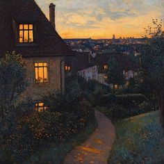 a painting of a house at night with the sun going down in the sky above it