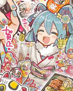 an anime character with blue hair and various stickers on her face, surrounded by food