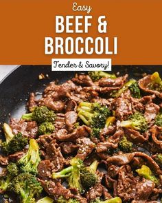 beef and broccoli stir frying in a skillet with text overlay