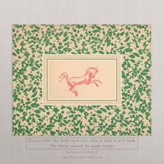 an image of a card with a horse in the middle and green leaves on it