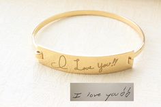 "The handwriting is very meaningful to you or your loved, let us turn it into the beautiful jewelry for you. HOW TO ORDER - Simply send us a high resolution photo or scan of the handwriting via Etsy Conversation (click \"Attach Image\" to attach your photo). Or email it to janesilverjewelry@gmail.com and we will take care of the rest. You may use your phone, camera, or scanner to capture the picture. - Text can be engraved on both sides of the plate. Please specify in the note box at check out w Engraved Name Bangle Bracelet As Gift, Adjustable Engraved Jewelry For Anniversary Gift, Engraved Bangle Bracelets For Gifts, Engravable Bracelet Jewelry Gift, Meaningful Engraved Bracelets As Gifts, Adjustable Signature Name Bracelet For Gift, Adjustable Signature Name Bracelet As Gift, Elegant Hand Stamped Bracelets For Gifts, Engraved Bracelet Jewelry Gift