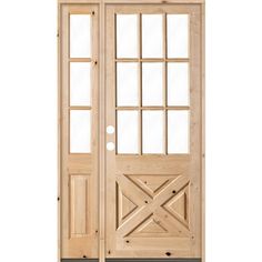 a wooden door with glass panels on the top and bottom panel, in front of a white background