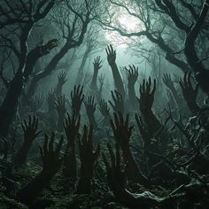 many hands reaching up into the air in a dark forest