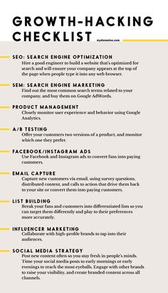 an info sheet with the words growth - hacking checklist written in black and yellow