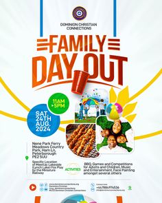 an advertisement for a family day out event with images of people and food on it