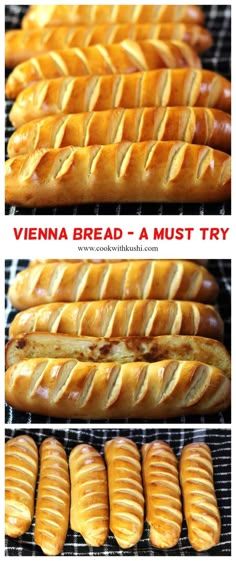 several different types of breads sitting on top of a rack with the words vienna bread - a must try