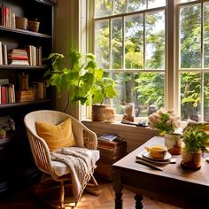 a living room filled with lots of furniture next to a window covered in bookshelves