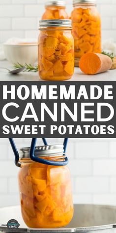 homemade canned sweet potatoes in mason jars with text overlay