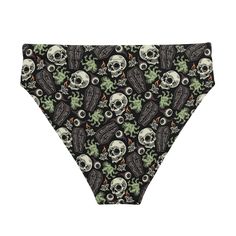 Step into chilling summer style with Goth Cloth Co.'s Gothic Zombie Bikini Bottom. Featuring a spooky pattern of skulls, coffins, zombie hands, and eyeballs, these bottoms blend gothic elegance and apocalyptic flair, making them ideal for all your beach and poolside escapades. Key Features: Recycled polyester fabric: Made from 88% recycled polyester and 12% elastane in the EU, or 81% REPREVE recycled polyester and 19% LYCRA XTRALIFE in MX, providing a soft, stretchy fit. Double-layered design: Offering secure comfort for various body types. Zig-zag stitching: For added style and longevity. Tear-away care label: Making it easy to remove tags. Mix-and-match versatility: Pair with different bikini tops for a variety of looks. UPF 50+: Maximum sun protective rating achievable for fabrics. Thes Spooky Pattern, Zombie Hands, Dark Summer, Gothic Elegance, Zombie Hand, Recycled Polyester Fabric, Boxy Tee, Layered Design, Summer Swim Suits