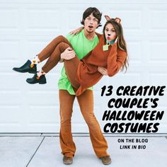 a man and woman dressed up as the characters from scooby holding each other