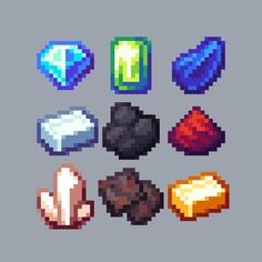 an image of different types of rocks and stones in pixel style on a gray background