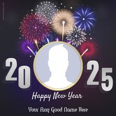 a happy new year card with fireworks and a man's face in the center