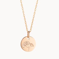 A delicate birthflower for each month, our Personalized Birth Flower Necklace can be hand-engraved on the reverse for a unique personalised gift for yourself or a loved one.18K Champagne Gold Plated, 925 Sterling Silver or 18K Rose Gold PlatedChoose from 12 different birth flowersSmall flat disc charm: 0.6 diameterTo add another birth flower charm to your necklace, click hereSecure clasp fasteningCharms are removable from this chain and can be worn on all Merci Maman chain lengthsHand-engraved i Unique Personalized Gift, Birth Flower, Engraved Necklace, Birth Flowers, Flower Charm, Champagne Gold, Metal Necklaces, Hand Engraving, Flower Necklace