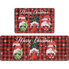 two red and black christmas placemats with santa clause on them