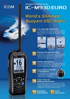 an advertisement for the icom world's slimmest buoyant dsc radio