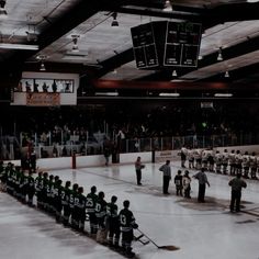 an ice hockey team is lined up on the ice