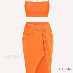 Lasaky - Premium Womens Two-Piece Set: Elegant Sleeveless Spaghetti Strap Tops with Chic Twist Front Split Skirts, Stylish Casual Outfit in Solid Color High Split Skirt, Split Skirt Outfit, Printed Prom Dresses, Backless Dress Summer, Comfy Sets, Rock Outfit, Plus Swimwear, Split Skirt, Skirt Sets