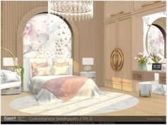 a bed room with a neatly made bed and a chandelier