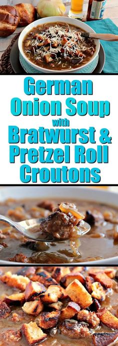 german onion soup with bratwurst and pretzel roll croutons recipe