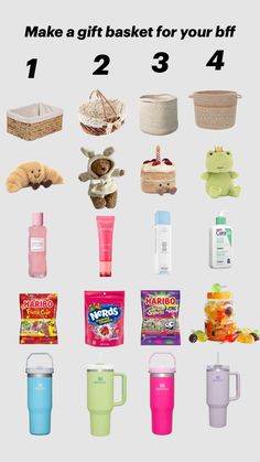 a bunch of different items that are in the shape of an animal and text reads make a gift basket for your bff