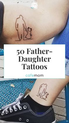 a person sitting on a chair with tattoos on their legs and the words, 50 father - daughter tattoos