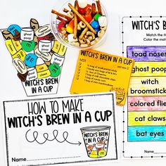 two posters with words and pictures on them that say how to make witches brew in a cup