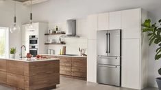 a modern kitchen with wooden cabinets and stainless steel appliances, along with potted plants