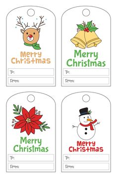 four christmas gift tags with the words merry christmas and a snowman on one side